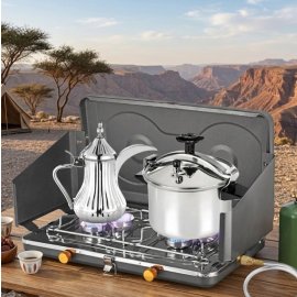  موقد تخييم عائلي دي ال سي DLC ثنائي الموقد، مع درع رياح ، CM-38544
